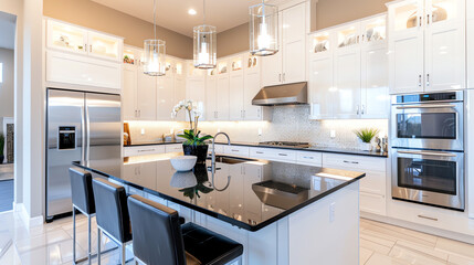 Design a professional kitchen with white cabinets, stainless steel appliances, and a large island with seating for 6. The kitchen should be well-lit and have a modern feel.