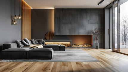 A black living room with a gold lamp and wood furniture Texture of the wall adds depth and character to the structure. 