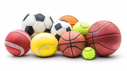 A variety of sports balls, including a soccer ball, a football, a basketball, a tennis ball, and a baseball.