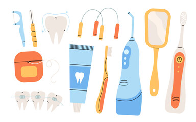 Oral hygiene, cleaning tools set. Different dental care accessories. Electric toothbrush, tooth brush, toothpaste tube, oral irrigator, floss. Braces teeth. Flat isolated vector illustration