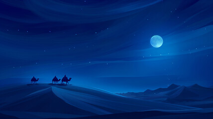 Fototapeta premium Islamic concept image. Caravan in the desert with dunes and moon