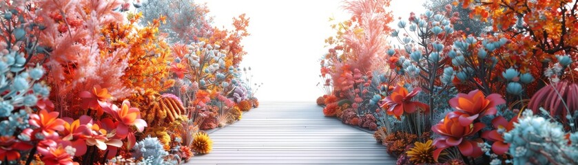 A beautiful, colorful flower garden with a path in the middle