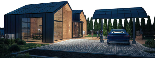 Green Energy on a Modern Home With Charging Station for Electric Car (isolated for dark background) - 3D Visualization