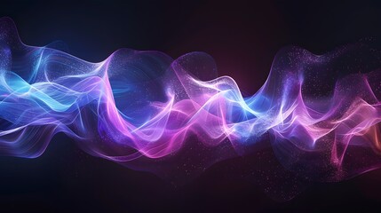 Abstract sound waves with detailed elements on black background, glowing effect, blue and purple colors