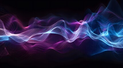 Abstract sound waves with detailed elements on black background, glowing effect, blue and purple colors