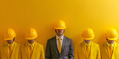 Industrious Worker with yellow helmet hat. Cap site repair.3d rendering of a man in a yellow helmet and business suit.
