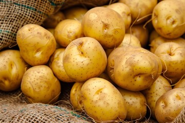 Close-up view of fresh, raw potatoes nestled in a burlap sack, highlighting the natural texture and earthy tones of these versatile vegetables.