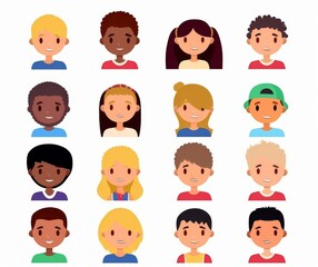 Diverse Group of Cartoon Children Faces for Inclusion and Diversity Concepts