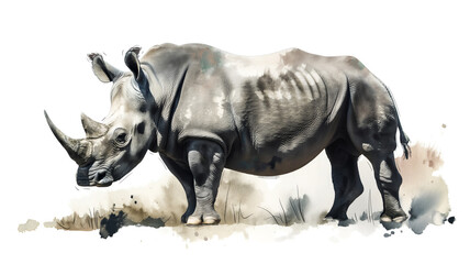 A detailed artistic illustration of a rhinoceros, rendered in black and white with watercolor splashes, emphasizing its powerful form and textured skin. - obrazy, fototapety, plakaty