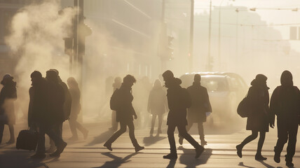 Air pollution concept. A view of a street with people and cars with polluted air