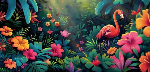 A delightful cartoon depiction of a flamboyant flamingo amidst colorful flora and fauna. 