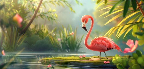 A whimsical cartoon scene featuring a charming flamingo in a lush, vibrant tropical setting. 