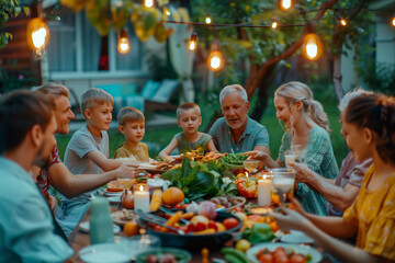 Fototapeta premium Big family at the table on the dinner on the backyard, group of people at a barbecue party at summer sunset.