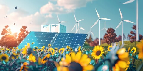 A scenic view of renewable energy with solar panels and wind turbines amid a sunflower field under a sunny sky. Created with Generative AI