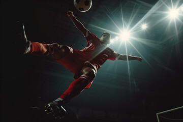 Football player jumping to bicycle kicking ball on stadium field in bright dramatic lights