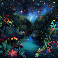 Enchanting night-time jungle scene with starry sky and glowing river.