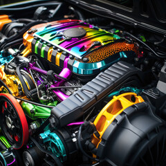 Close-up shot of a modified engine bay with vibrant colors,