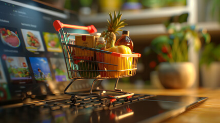 Close-up: Positioned on a laptop trackpad, a small shopping cart brimming with groceries and parcels captures the essence of modern retail, where digital transactions and doorstep