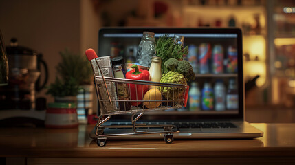 Close-up: Balancing delicately on a laptop surface, a small shopping cart carries a curated selection of groceries and packages, showcasing the versatility and ease of online shopp