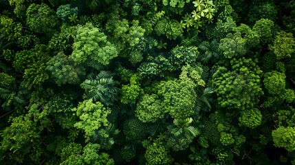 Naklejka premium Aerial view of a dense forest with lush green trees, from a top down perspective. An aerial view of a dense jungle foliage with many different tree species, from a topdown view. 