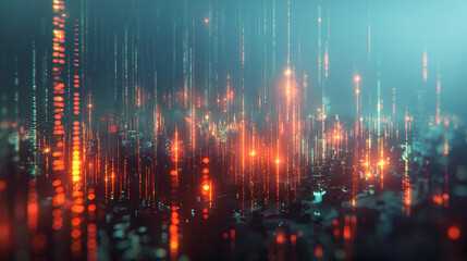 Fototapeta premium Abstract glowing big data forex candlestick chart on blurry city backdrop. Trade, technology, investment and analysis concept. double exposure of wireframe city interface.