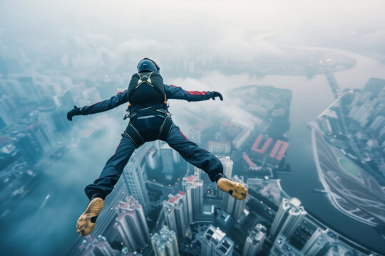 Base jumper is leaping and flying in air under the city, cityscape background, extreme sport , man skydiver