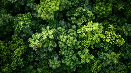 Naklejka premium Aerial view of a dense forest with lush green trees, from a top down perspective. An aerial view of a dense jungle foliage with many different tree species, from a topdown view. 