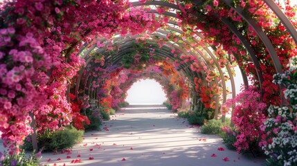 A long tunnel of pink flowers with green leaves