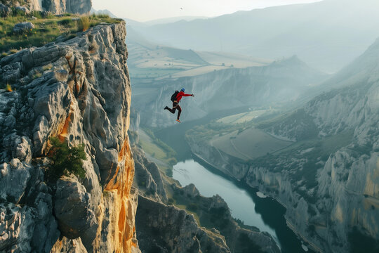 Base jumper is leaping and flying in air under the rock, extreme sport , man skydiver