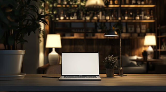 Front view of a stylish coffee shop with a blank laptop screen on the table, offering a customizable workspace for patrons, with cozy lamp light adding to the inviting ambiance.