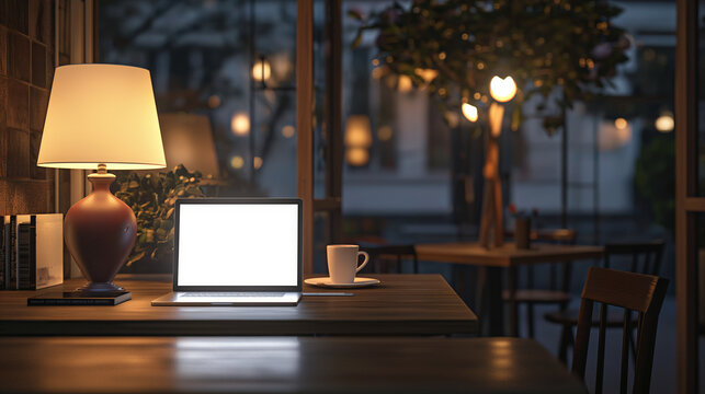 Mock workspace setup in a modern cafe, featuring a blank laptop screen on the table and soft lamp light, perfect for customers looking to relax with a hot drink while working.
