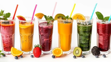 Collage of glasses with fresh delicious smoothie and straw on white background 