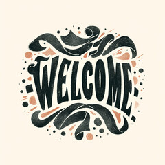 A black and white Logo Welcome sign. The text is written in cursive style and has a lot of swirls and dots