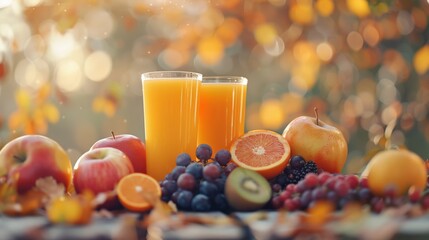 Composition of fruits and glasses of juice on blurred natural background 
