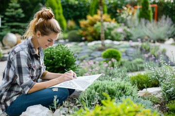 Landscape designer woman at work, crafting harmonious and beautiful landscapes inspired by the beauty of nature