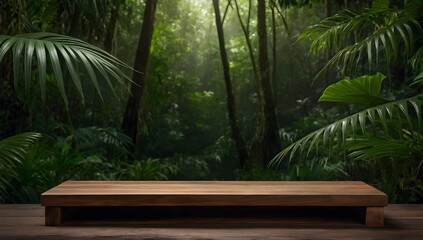 wooden shelf in tropical forest for product presentation and dark green background