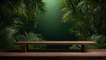 Fototapeta premium wooden shelf in tropical forest for product presentation and dark green background