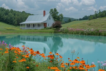 Cozy Blue Lakeside Wooden House and Green Fields.