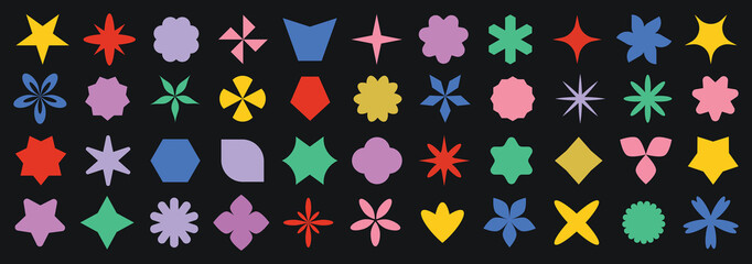 Geometric abstract flower shape set, star figure vector icon kit, funky retro brutal minimal art. Simple Memphis y2k elements collection, floral grid flat bauhaus template. Abstract flower forms