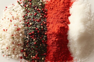 4 paths of different spices close-up, macro photography. Different types of seasonings.