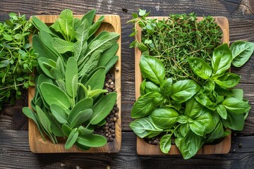 Fresh basil, pea sprigs, other herbs and other herbs lie on two wooden trays close-up, top view.