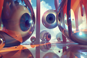 Capture the essence of abstract philosophical discussions in a surreal setting Utilize eye-level perspective