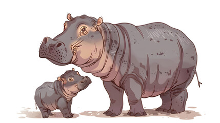 Fototapeta premium A cute cartoon illustration shows an adult hippopotamus and baby hippo