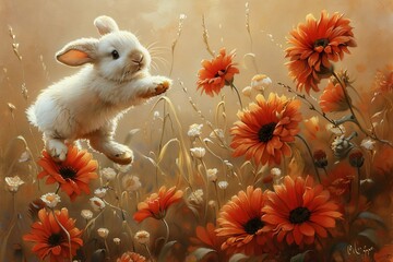 The picture is painted with beige tones. A white rabbit jumps across a field with large flowers.