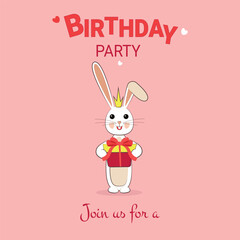 Happy birthday. A bunny with a present came to a birthday party. A card.