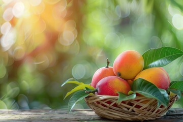 Fresh and beautiful mango fruit in a bamboo basket on nature backgrounds, copy space(text space), blank for text