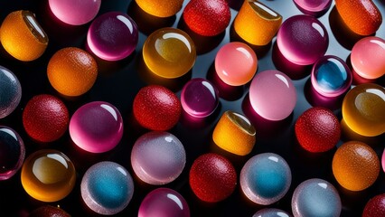 Colorful candies on dark wooden background. Top view with copy space