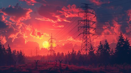 Silhouette of High Voltage Power Tower at Sunset: Lifestyle Generated by AI