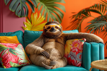 A sloth in sunglasses relaxes on a blue couch for fun and comfort in a room. Generative AI
