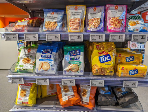 France, 31 March 2024: Grocery snacks on supermarket shelves..